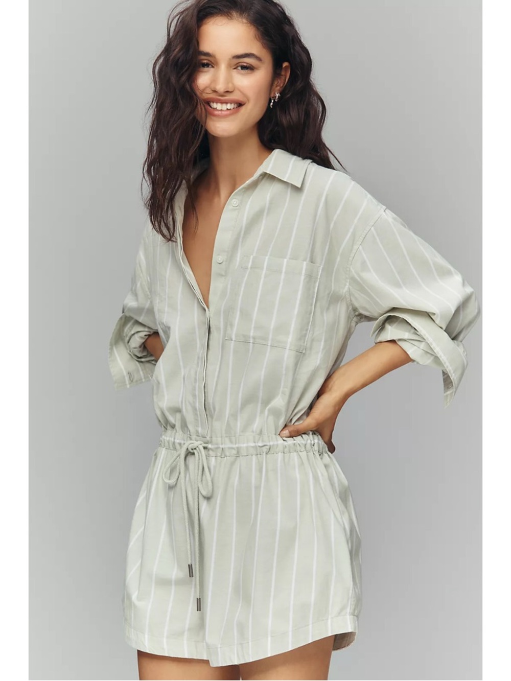 Pistola Amelie Romper S Pistachio Stripe Light Green Drawstring Oversized Shirt